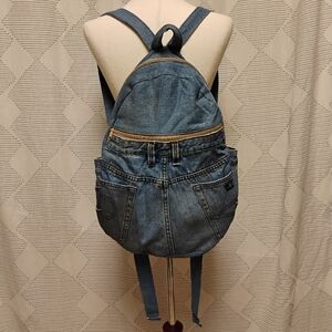 Denim Jean Backpack with Tan Zippers Lots Of Pockets